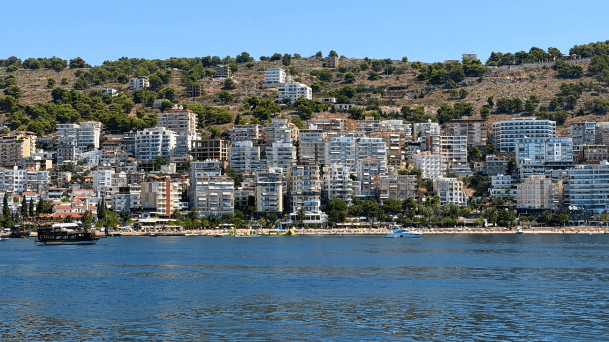 Sarandë, Albania, with waterfront buildings along the Ionian Sea